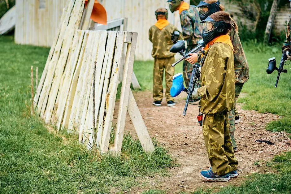 A group of players wearing paintball masks and carrying paintball guns, standing on an indoor paintball field ready for a game.