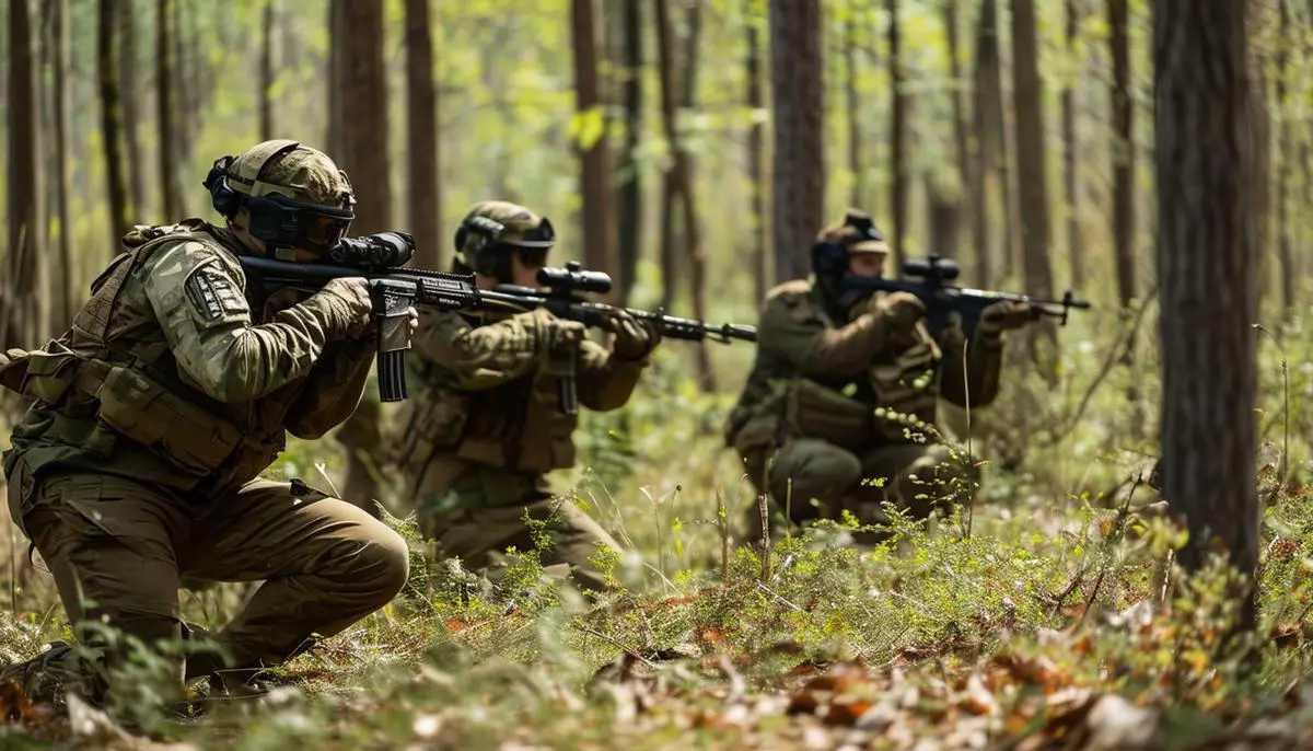 Airsoft players engaged in a military-style scenario in a wooded area