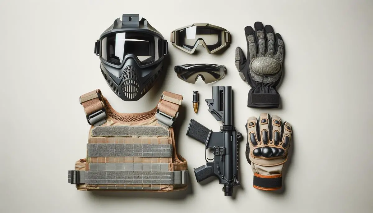 A display of essential airsoft safety gear including goggles, face mask, and protective clothing