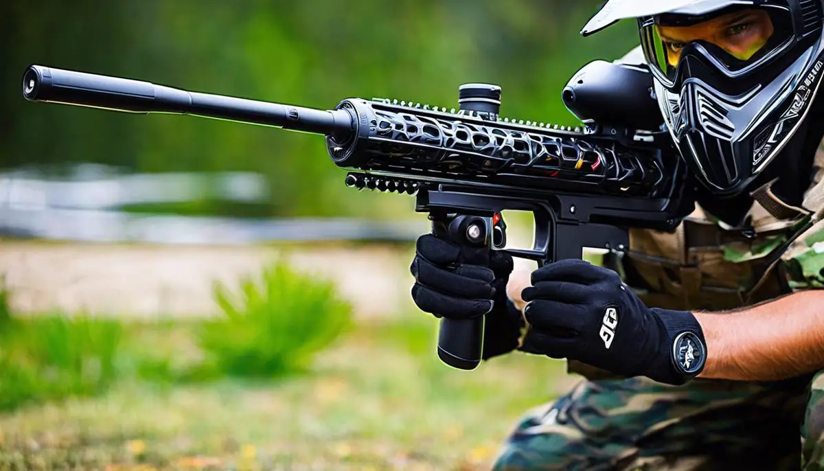 A battery-powered paintball gun with dashes instead of spaces