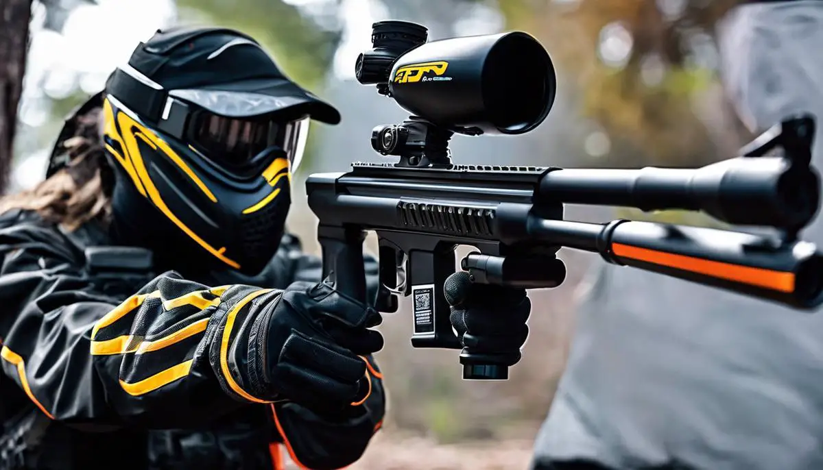 An image of battery-powered paintball guns with various attachments and accessories.