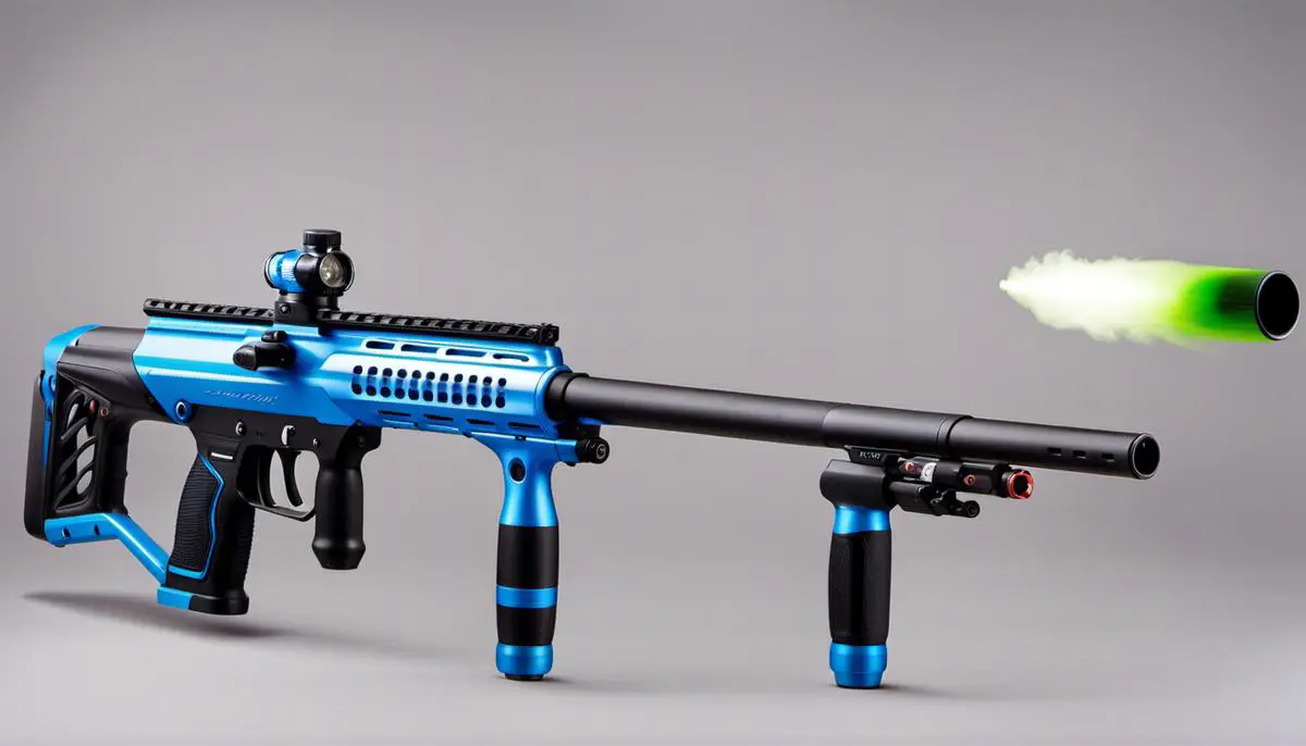 A paintball gun designed for beginners, showcasing its reliability, accuracy, comfort, and ease of maintenance.