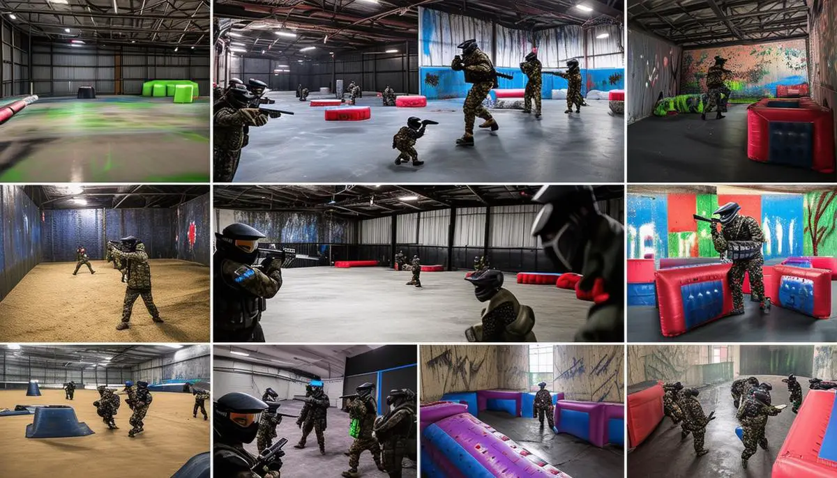 An collage showcasing the diverse range of indoor paintball venues in Michigan, from small, fast-paced arenas to expansive, scenario-based fields