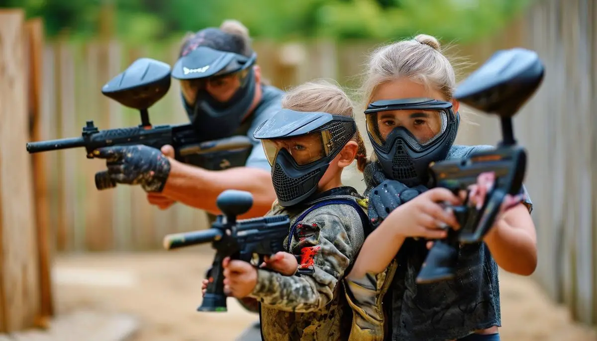 A family enjoying a game of paintball using Splatmaster guns, illustrating the increased accessibility and popularity of the sport