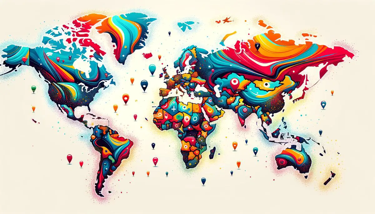 A world map highlighting countries where paintball is popular, with small paintball markers indicating major tournament locations