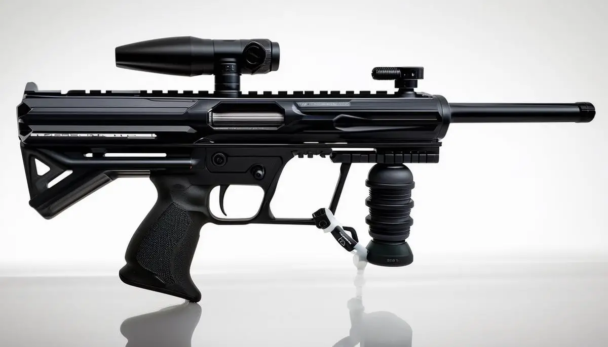 A sleek HPA tank attached to a high-end electronic paintball marker