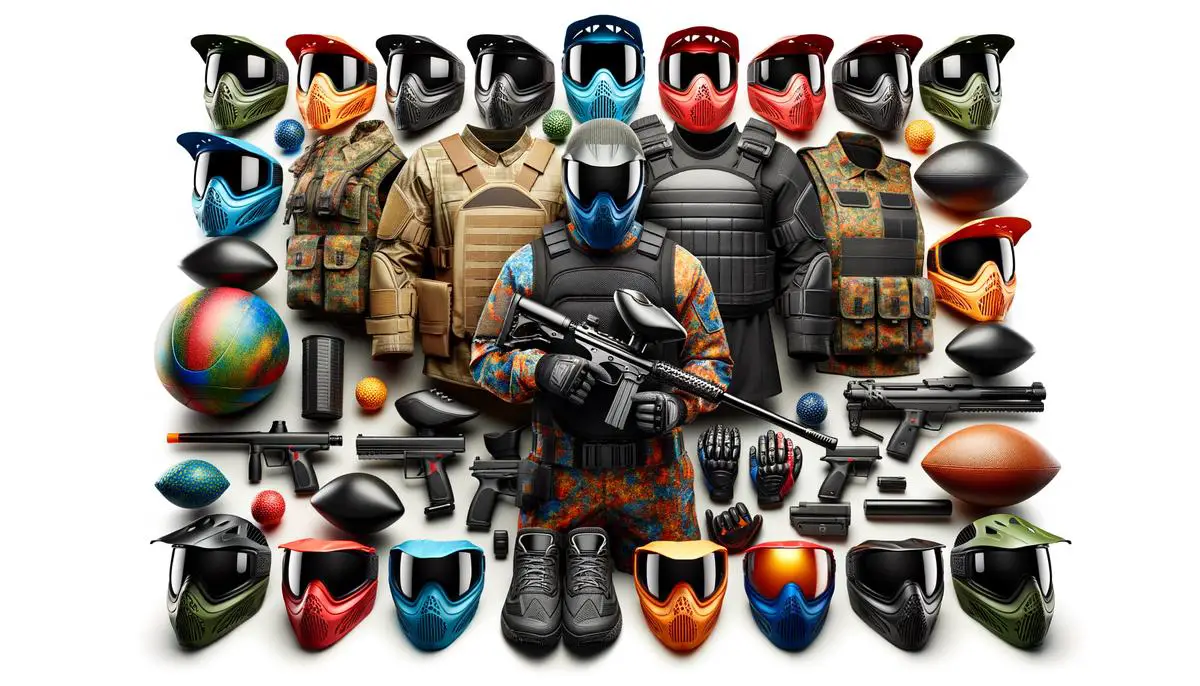 Image of various indoor paintball gear such as masks, markers, and protective clothing. Avoid using words, letters or labels in the image when possible.