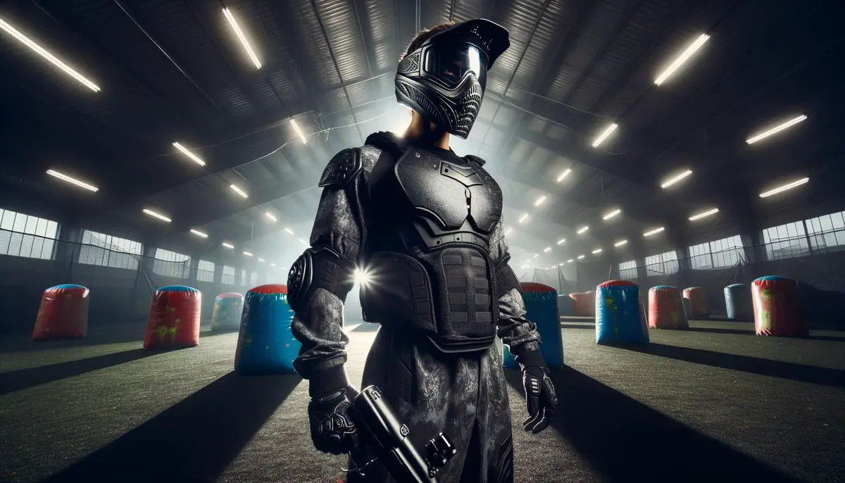 A player in a mask and gear in an indoor paintball arena, preparing for a game. Avoid using words, letters or labels in the image when possible.