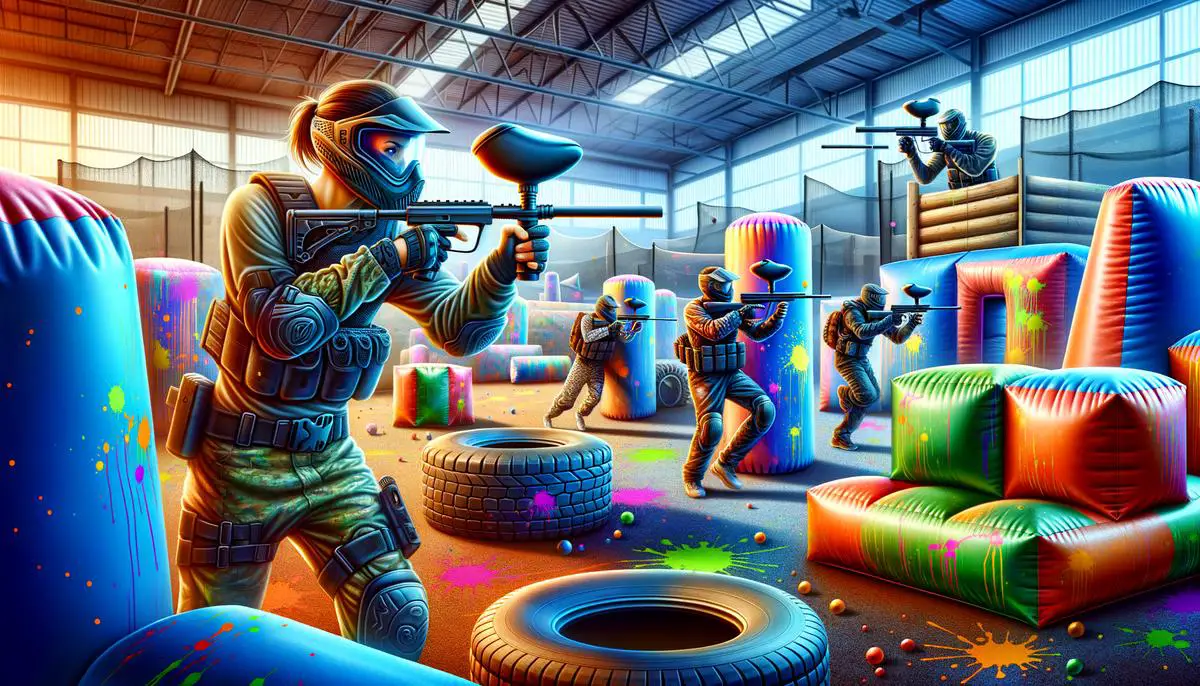 Indoor paintball venue with various obstacles and players enjoying the game. Avoid using words, letters or labels in the image when possible.