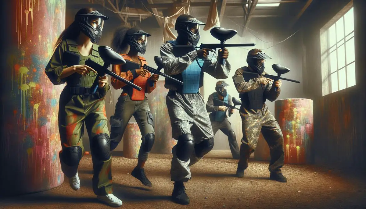 A group of people in protective gear playing paintball indoors. Avoid using words, letters or labels in the image when possible.