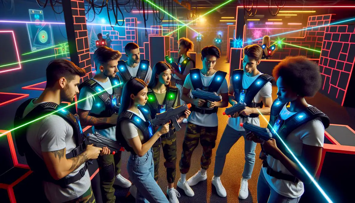 A group of players strategizing in a laser tag arena. Avoid using words, letters or labels in the image when possible.