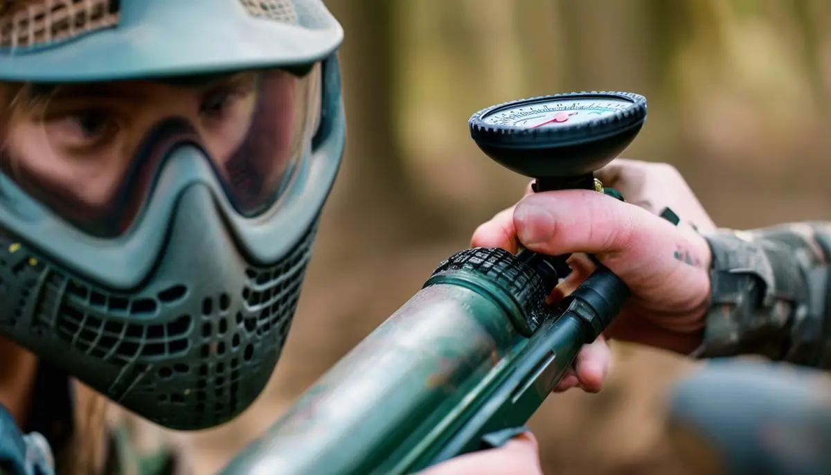 A person closely monitoring the pressure gauge while filling a paintball tank, ensuring the proper pressure is reached.