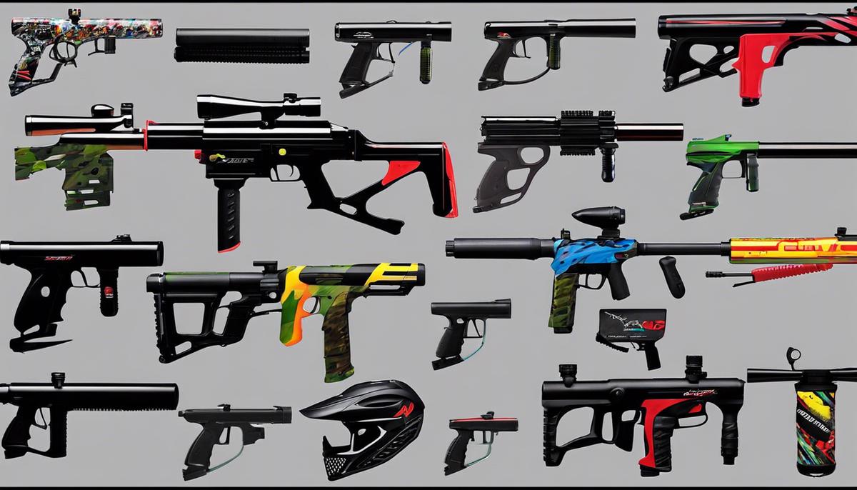 A depiction of various paintball marker brands showcasing their unique designs and features.