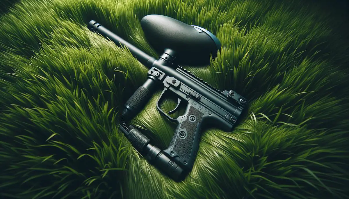 A paintball gun sitting on grass, symbolizing care and maintenance of paintball gear. Avoid using words, letters or labels in the image when possible.