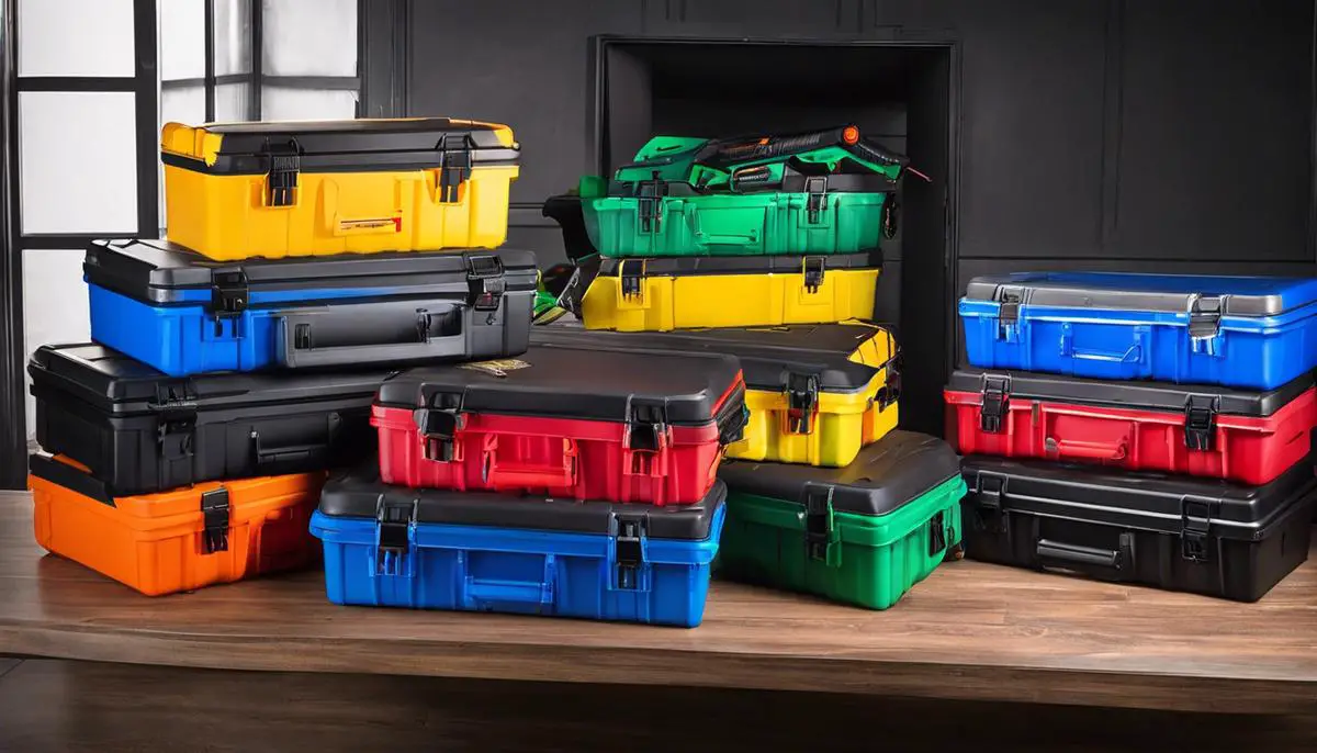 Various paintball cases stacked on a table