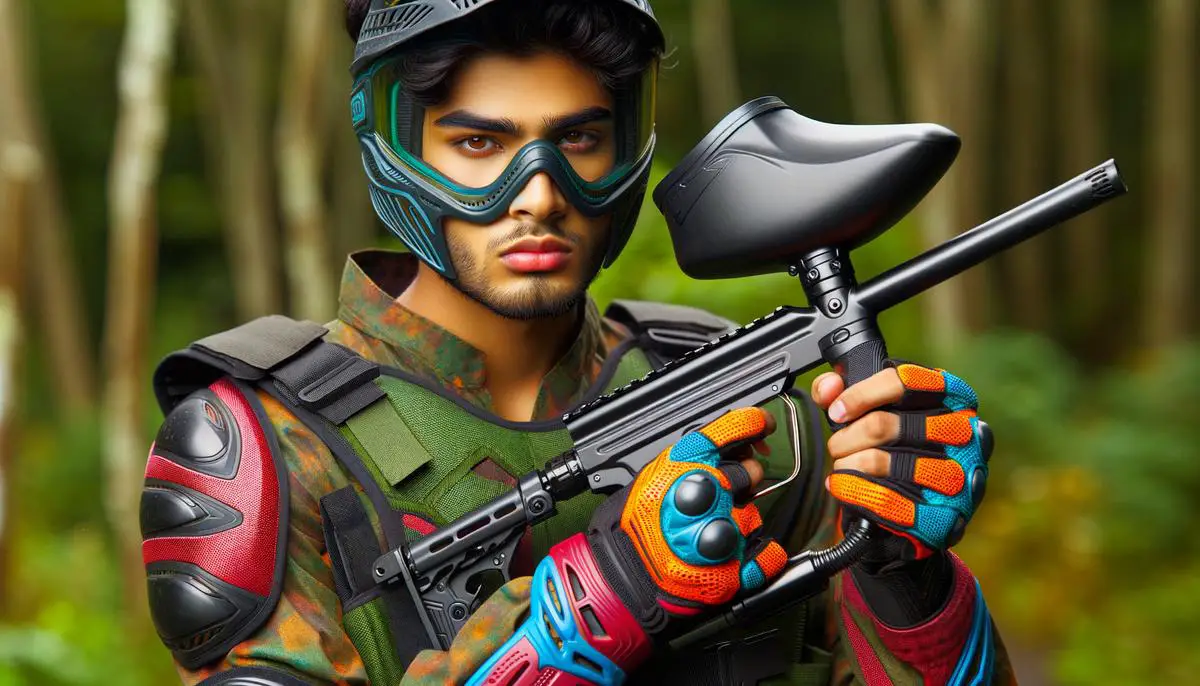 Image of a person wearing protective gear and holding a paintball gun, ready to participate in a paintball game. Avoid using words, letters or labels in the image when possible.