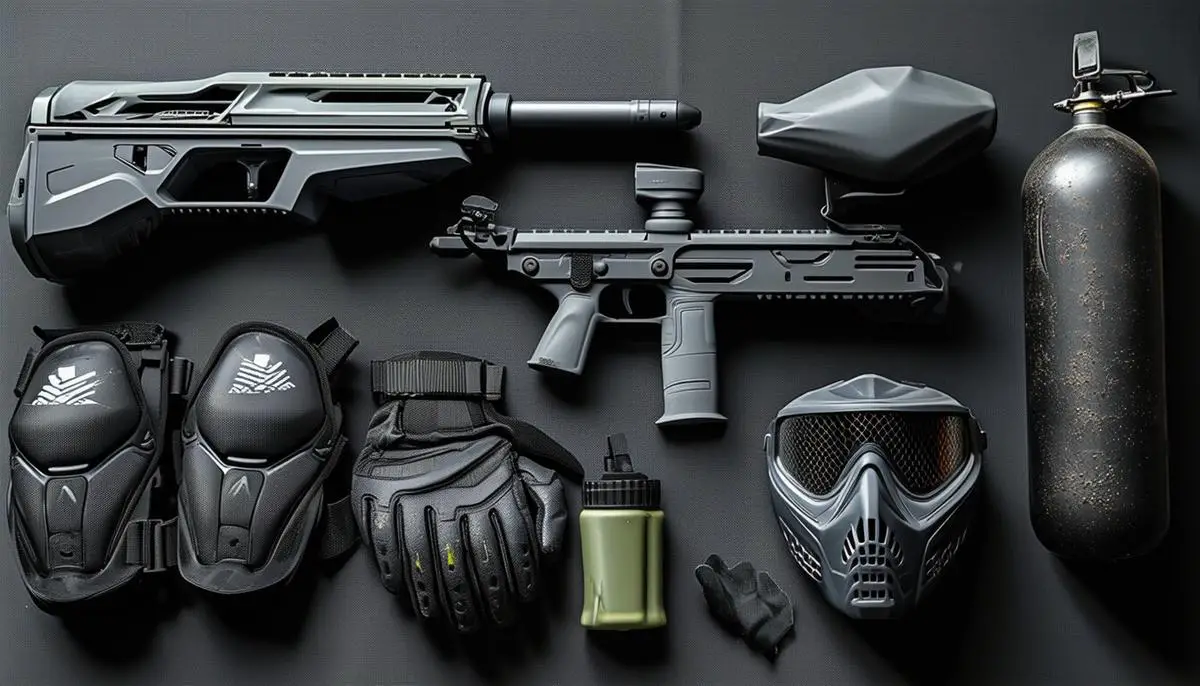 A flatlay of essential paintball equipment, including a marker, tank, loader, mask, gloves, and harness, with approximate price tags for each item, illustrating the additional costs beyond the paintball gun itself.
