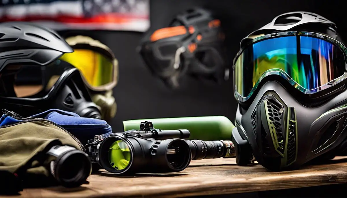 Image of paintball equipment including markers, masks, and hoppers