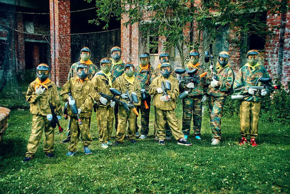 A group of people, wearing paintball gear, running and ducking behind an abandoned amusement park structure, while shooting colorful paintball pellets.
