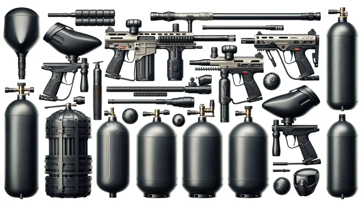 Image of paintball gear such as markers, hoppers, and air tanks. Avoid using words, letters or labels in the image when possible.