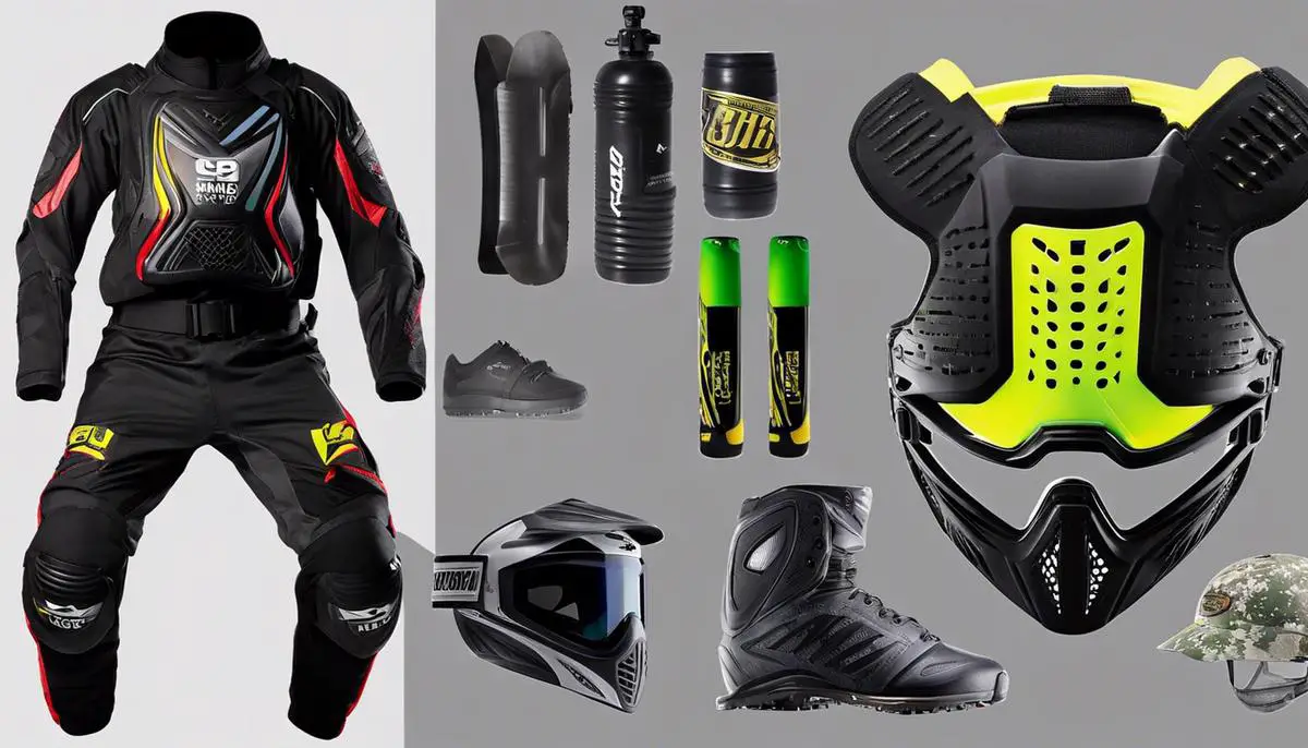 Various paintball equipment including markers, air tanks, loaders, masks, jerseys, pants, paintballs, and cleats.