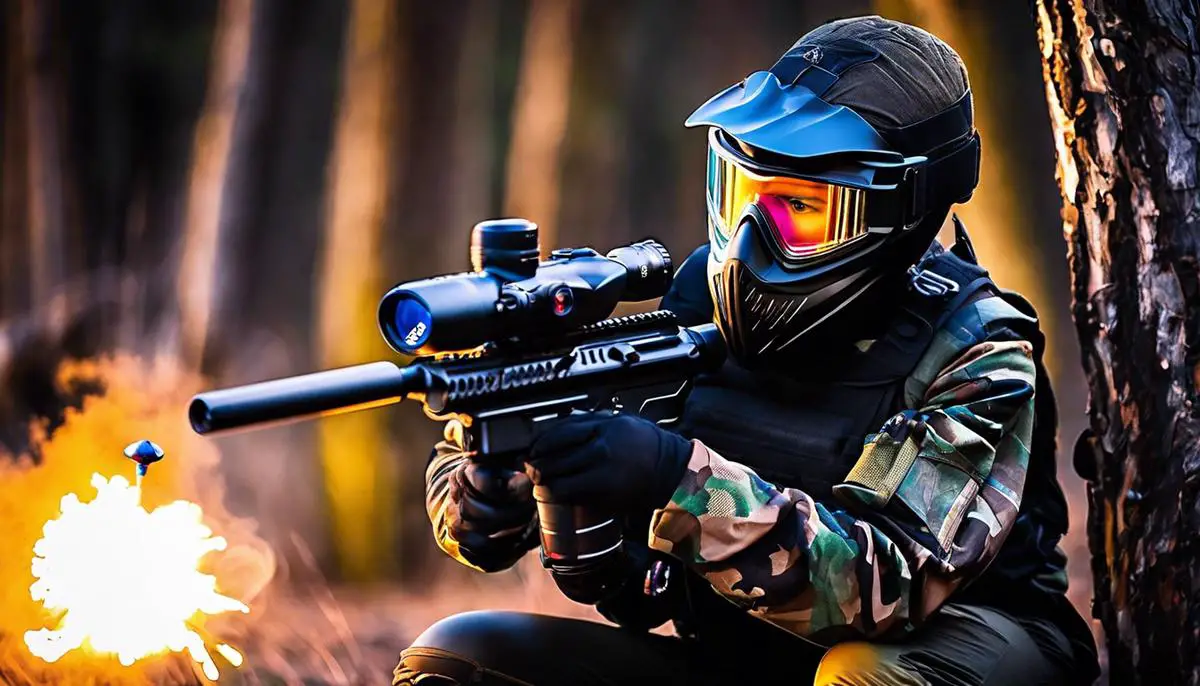 An image showing various high-tech paintball gear including markers, masks, camouflage materials, smartwatches, and inflatable barriers with LED lights.