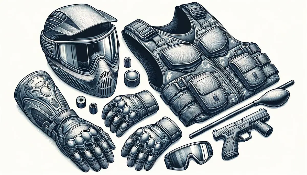 Paintball gear including helmet, goggles, body armor, gloves, and pads. Avoid using words, letters or labels in the image when possible.