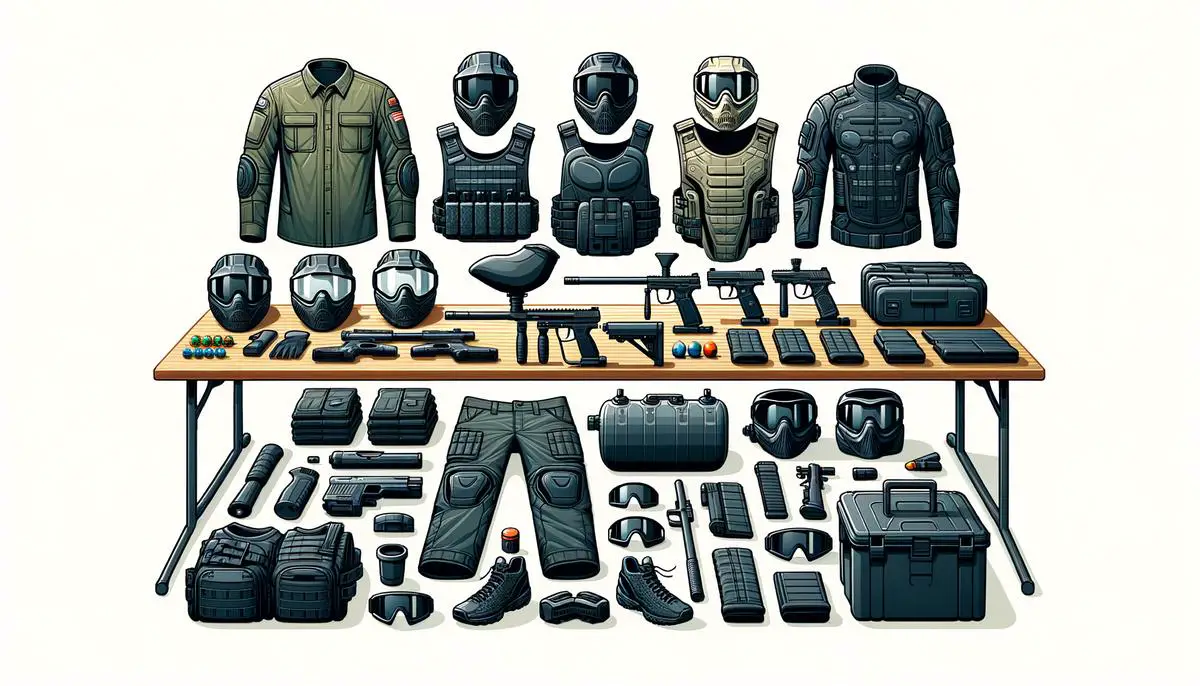 image of various paintball gear items laid out on a table. Avoid using words, letters or labels in the image when possible.