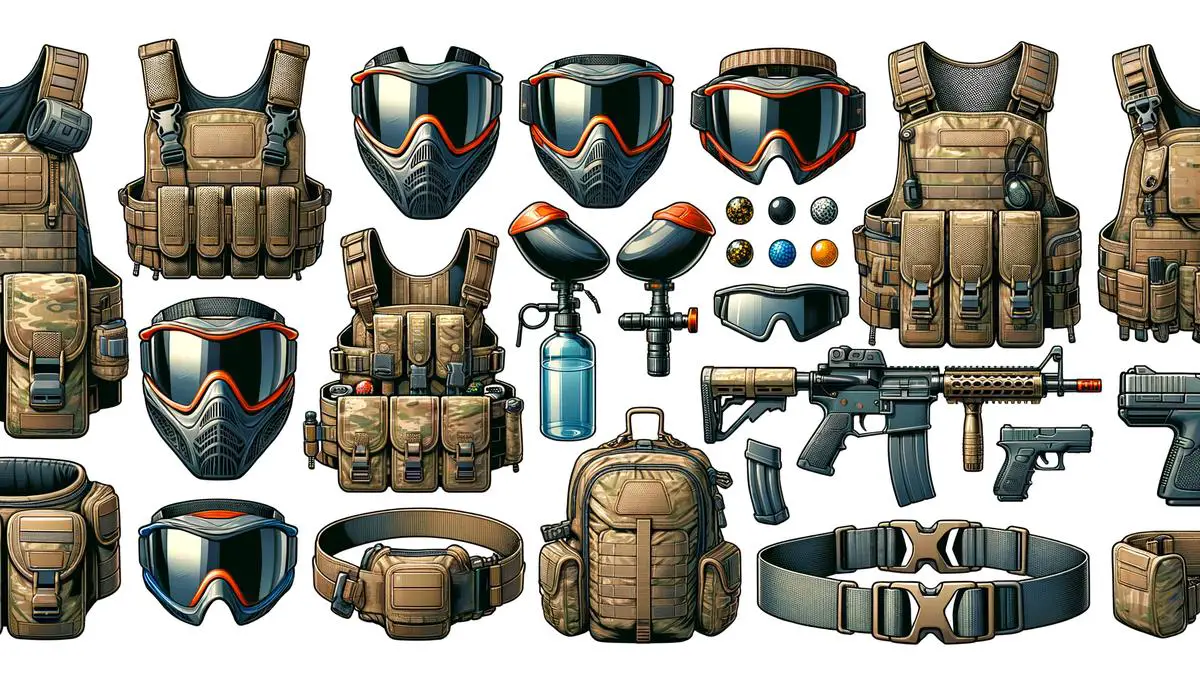 A variety of paintball gear such as harnesses, pods, utility belts, Camel packs, customized goggles, and headbands on display. Avoid using words, letters or labels in the image when possible.