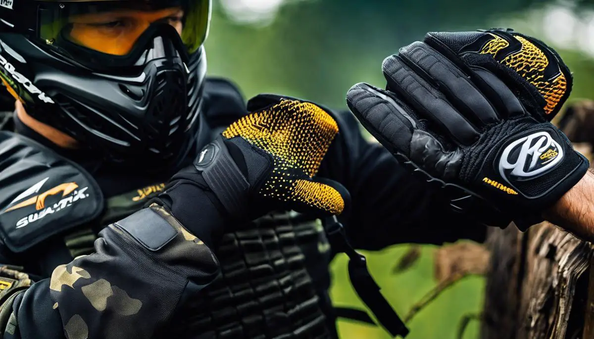 A close-up image of paintball gloves showing the durability and flexibility of microfiber, the cushioning provided by high-density foam, and the resistance to tearing with Kevlar strands integrated into the fabric.