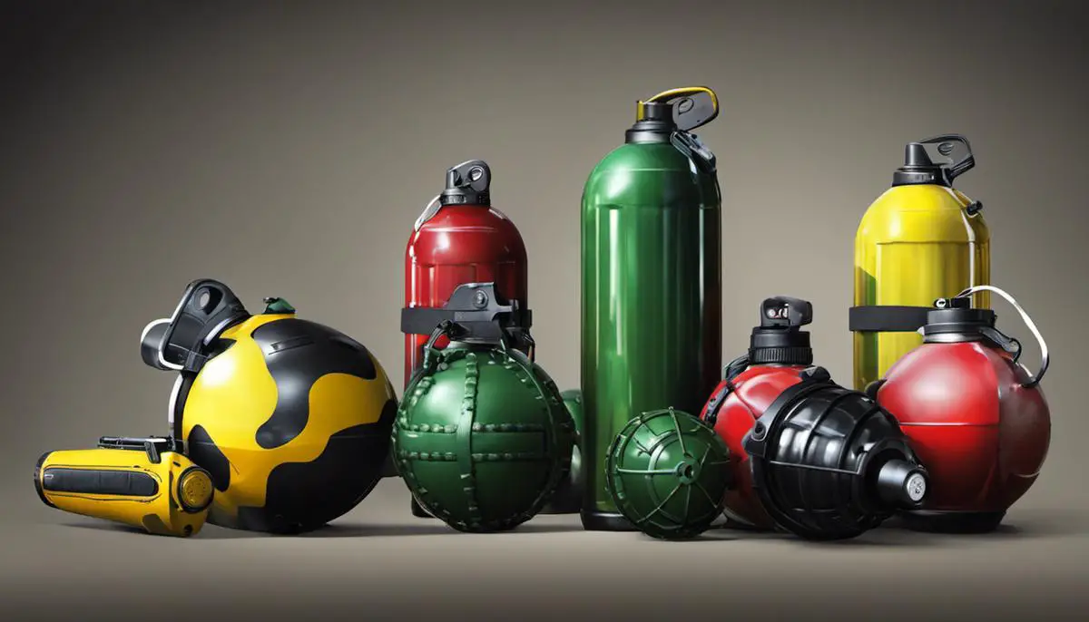 Illustration of different types of paintball grenades.