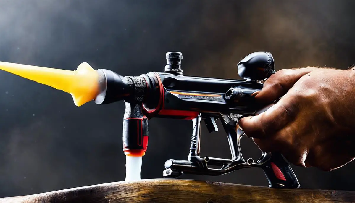 An image depicting a paintball gun being cleaned with a cloth and lubricant.