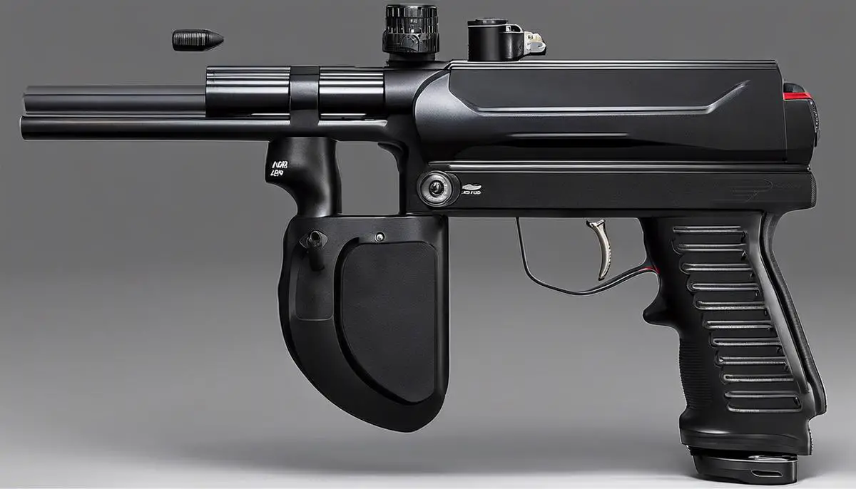 A black paintball gun on a white background, ready to be used for recreation or self-defense