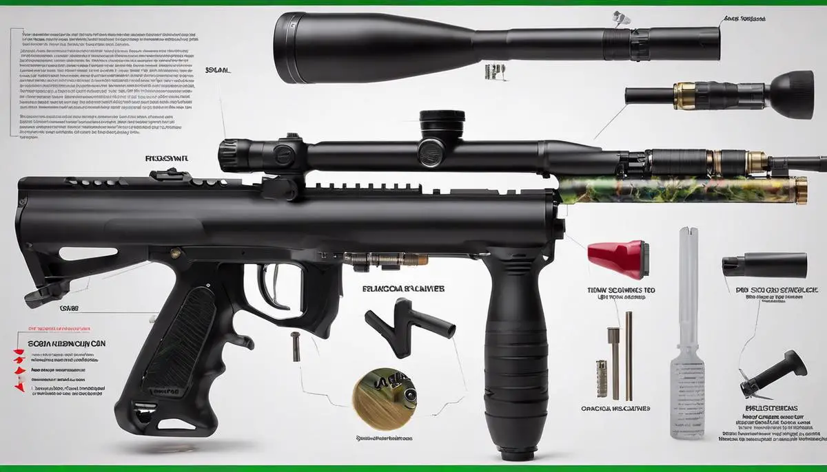 An image of a paintball gun with different parts labeled, showcasing the anatomy and explaining the text.