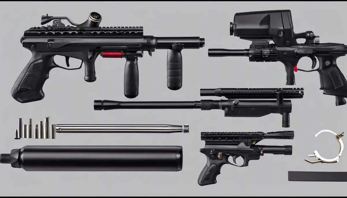 A detailed image of a disassembled paintball gun, showcasing the steps mentioned in the guide.