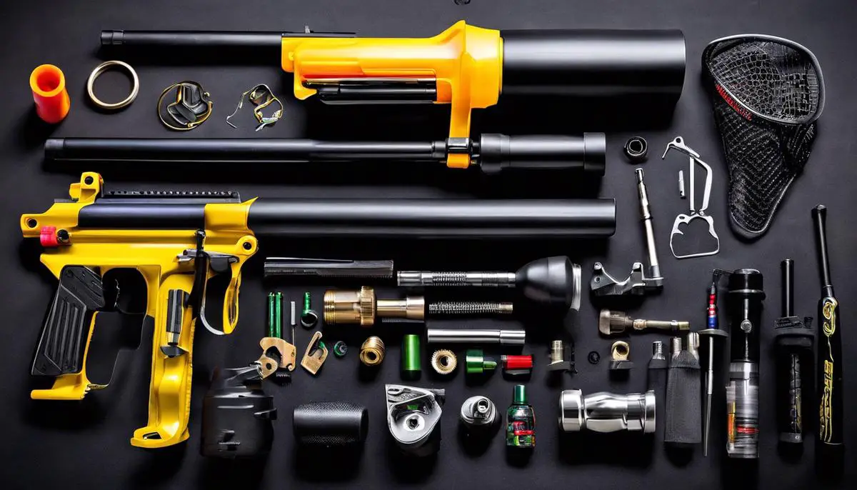 Image of various paintball gun components laid out for maintenance