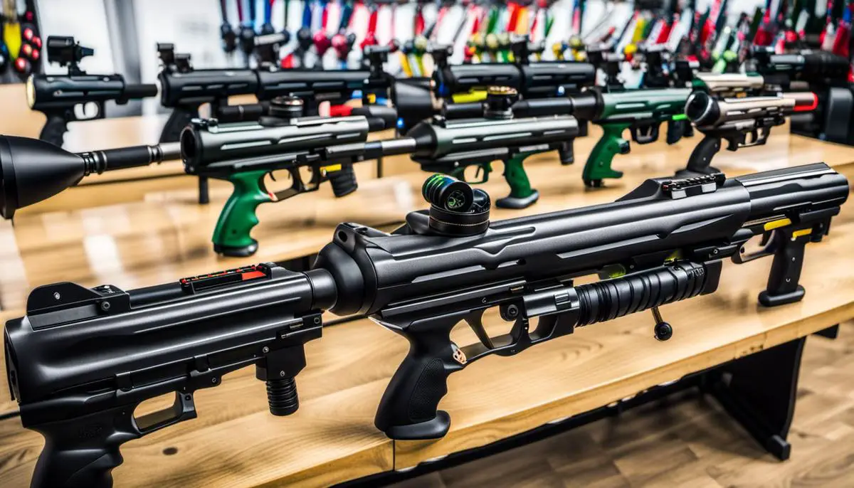 A variety of paintball guns lined up on a table, ready for action.