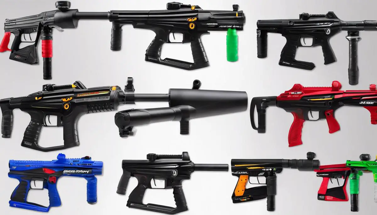 A diverse selection of battery-powered paintball guns.