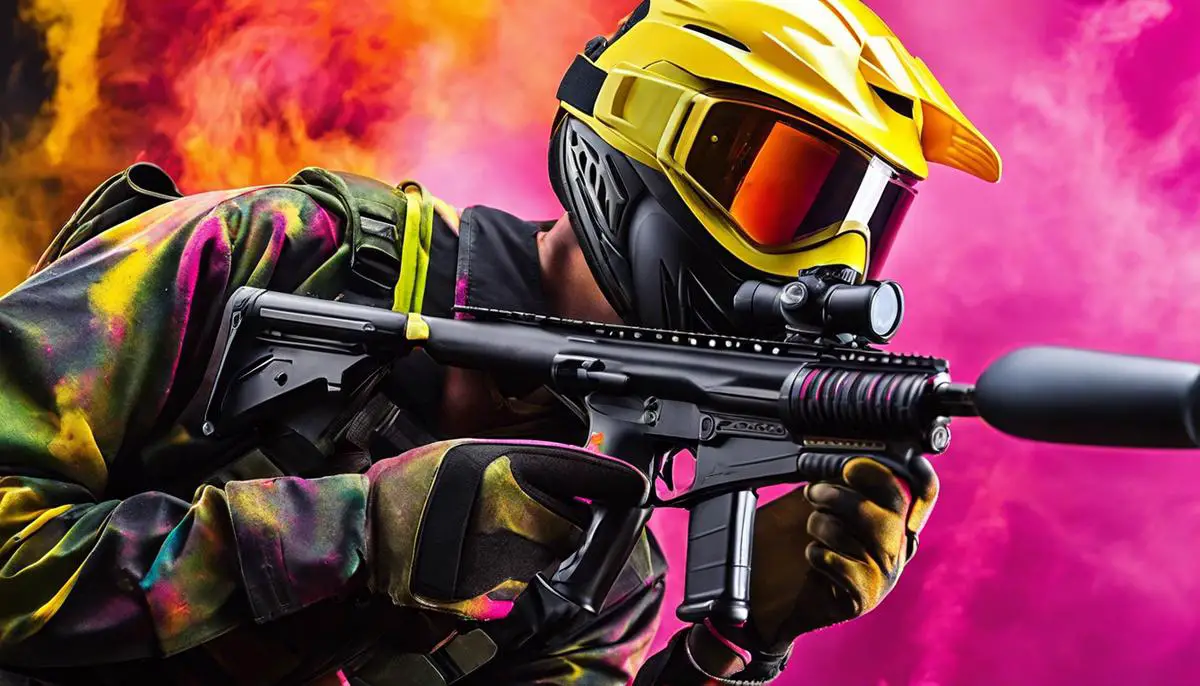 Close-up image of a colorful paintball with vibrant shades of yellow, pink, and orange.