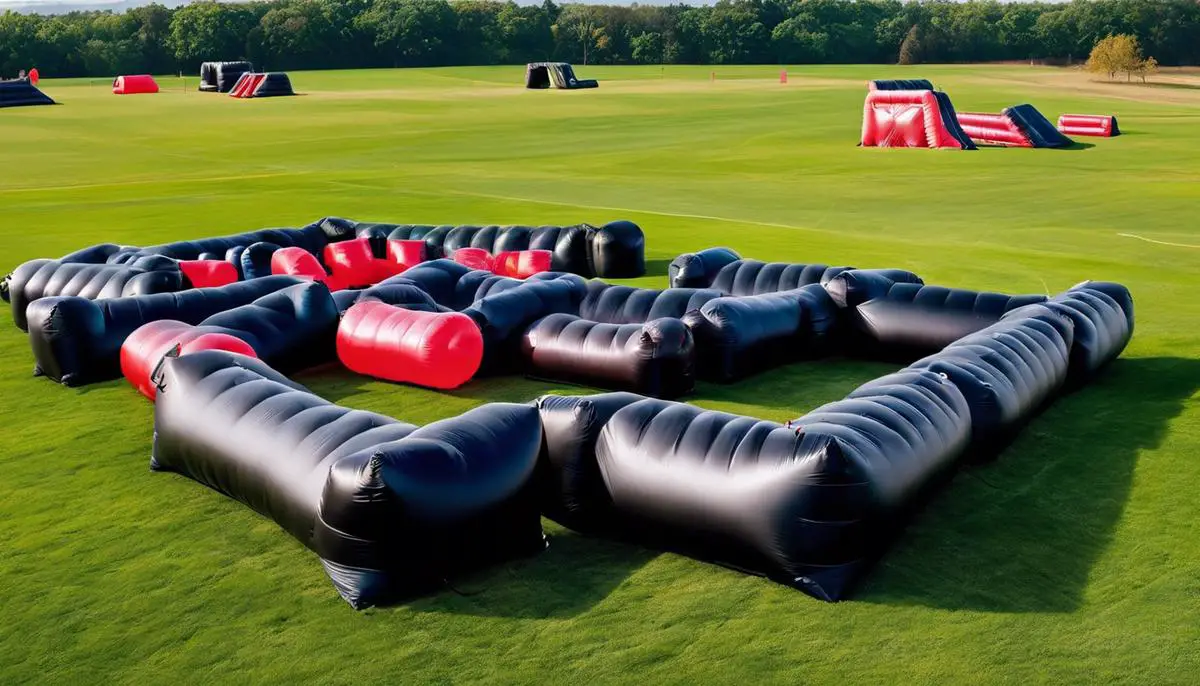 Image of paintball inflatables on a field, creating obstacles and strategic points for players.