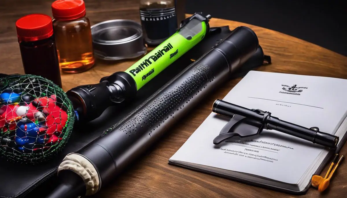 Image of paintball products and a law book together, representing the text about navigating paintball laws in the UK