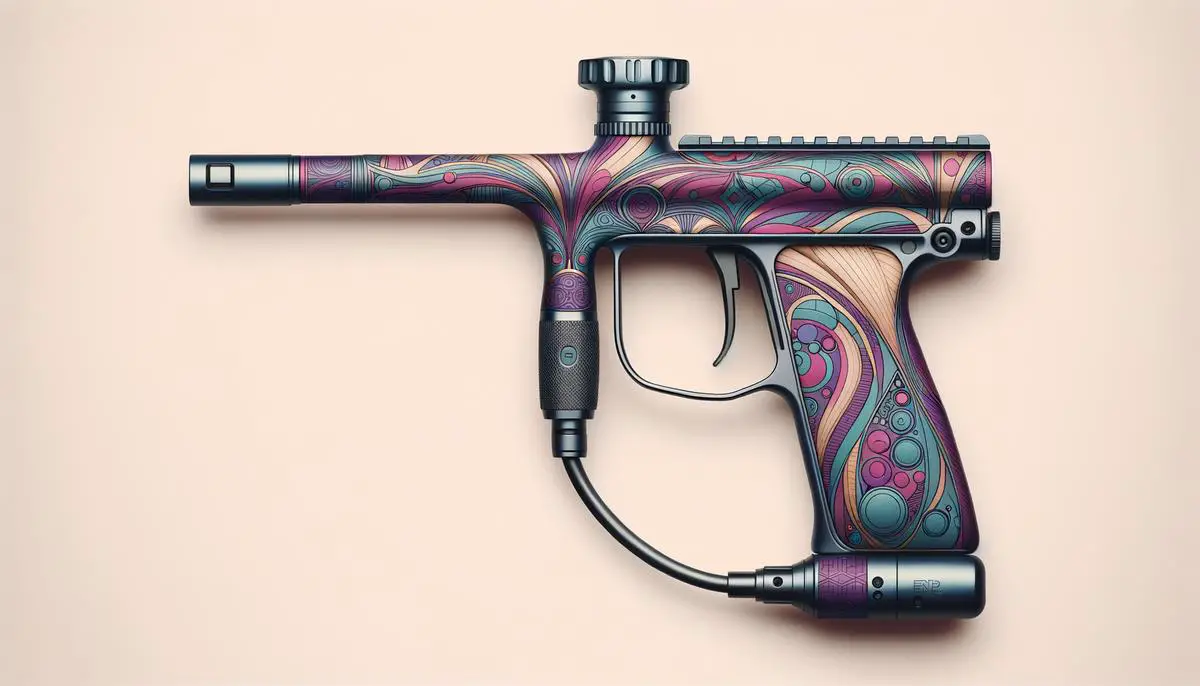 Paintball marker displayed in a color that is aesthetically pleasing and designed for a woman's grip. Avoid using words, letters or labels in the image when possible.