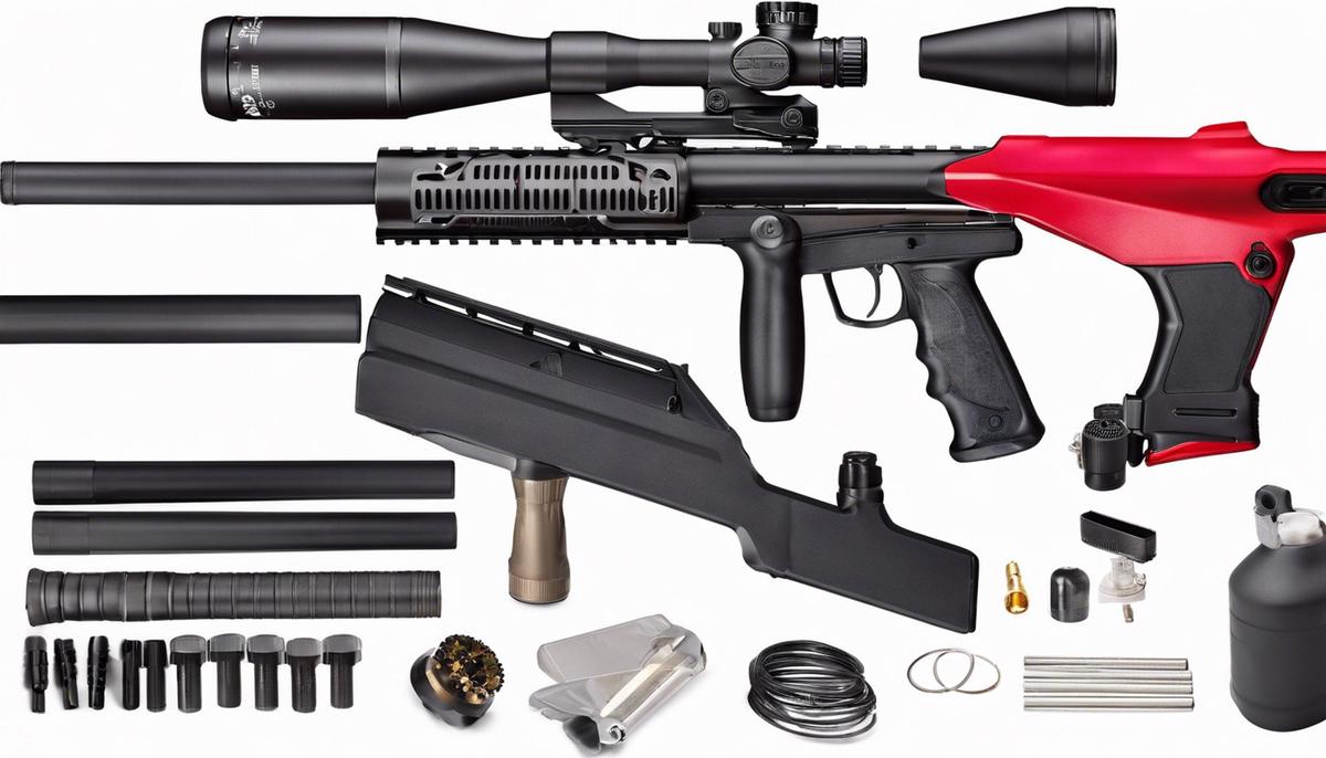 An image of a paintball marker, showing its various components