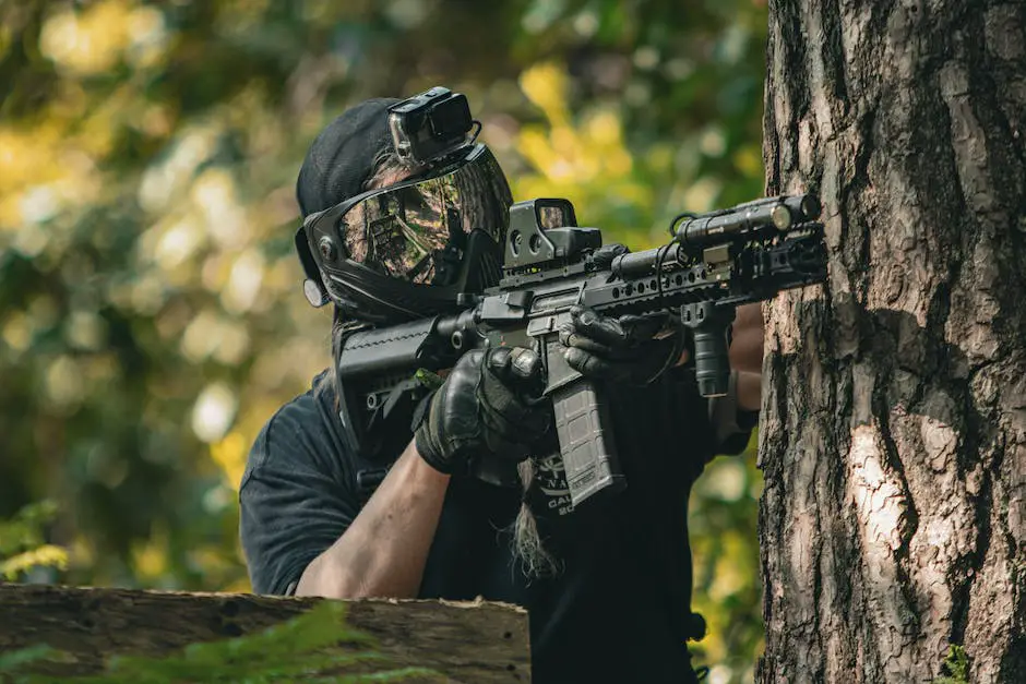 Image of a person wearing a paintball mask, showing full head protection and emphasizing safety during the game.
