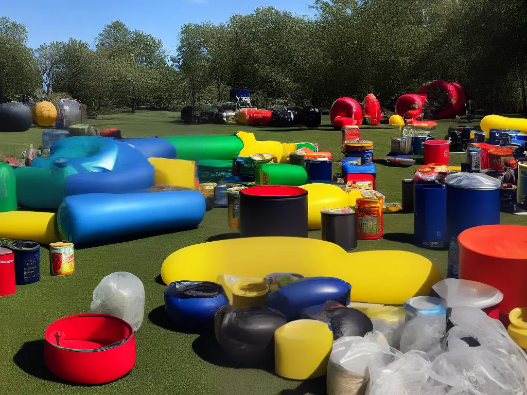 An image of inflatables, tires, netting, and paint cans- all materials that could be used to create a paintball field