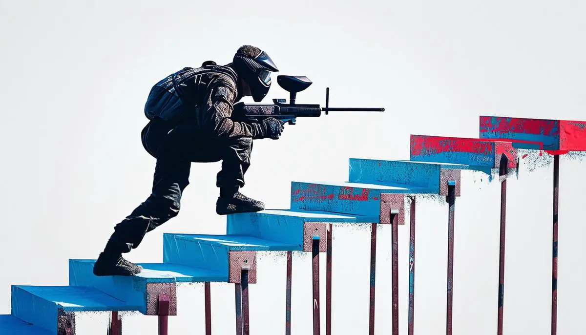 Symbolic image of a paintball player climbing steps towards an Olympic podium, with hurdles representing challenges along the way