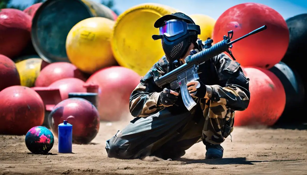 Image of a paintball gun, a protective mask, an air tank, and paintballs, representing the gear and equipment at Paintball Park Miramar