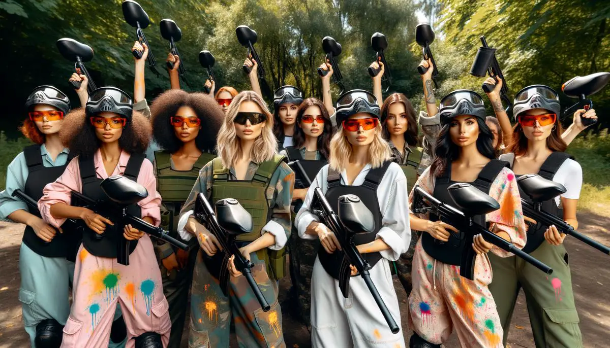 A group of women dressed in paintball gear, ready to play a game of paintball for an exciting and fun outdoor activity.. Avoid using words, letters or labels in the image when possible.