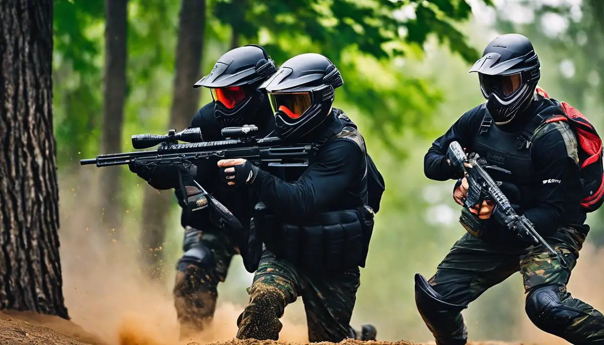 An image showcasing paintball safety measures and advancements in technology such as weather-resistant gear, smart bunkers, climate control systems, ammunition storage, and specialized apparel.