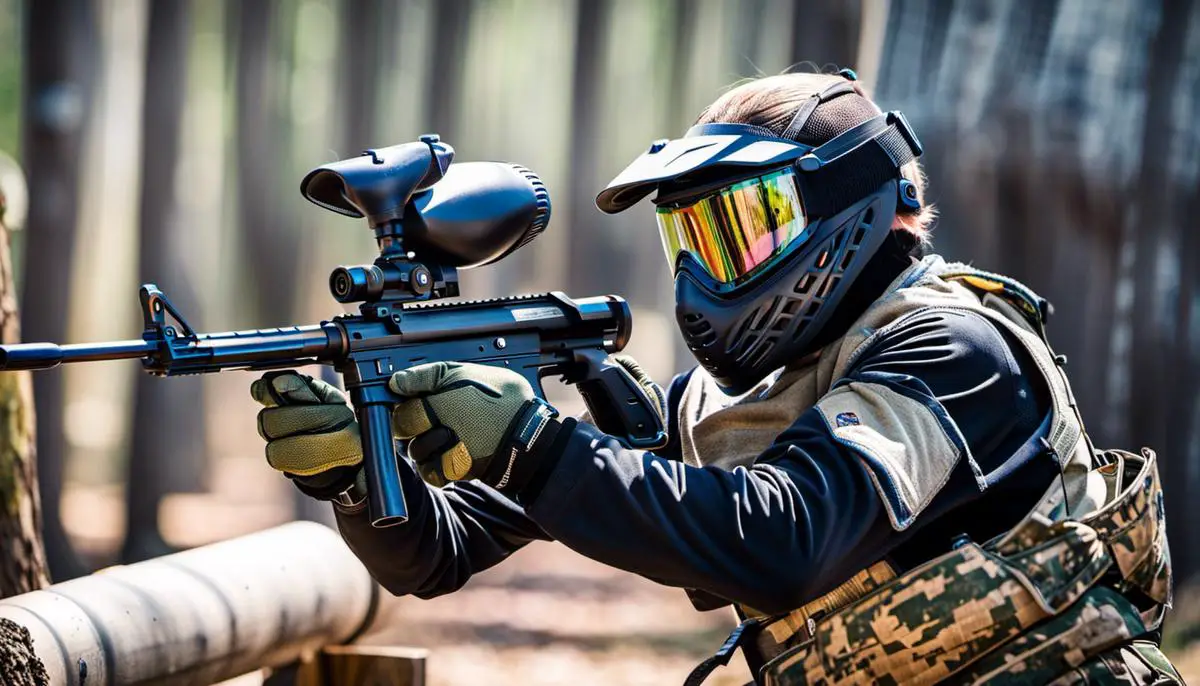A person wearing paintball protective gear, including a mask, gloves, and knee pads, aiming a paintball gun at a target.